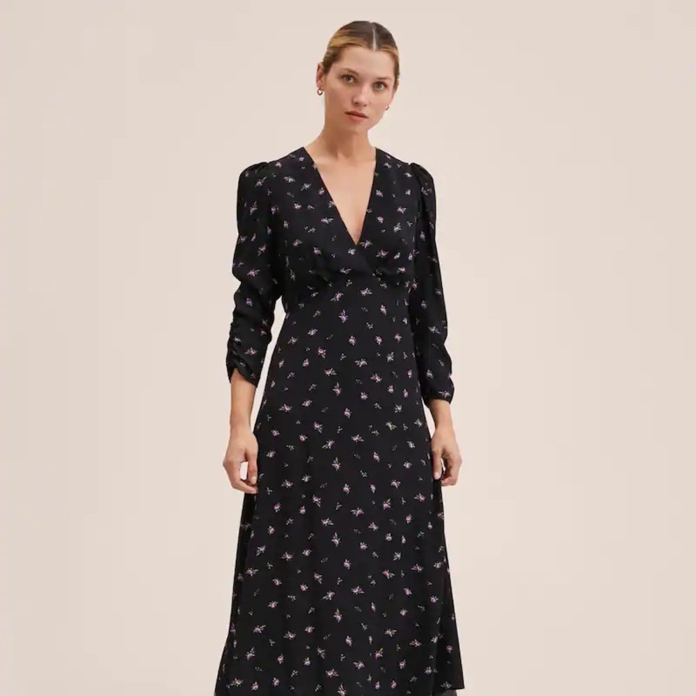 Mango MIDI Black Floral Dress NWT